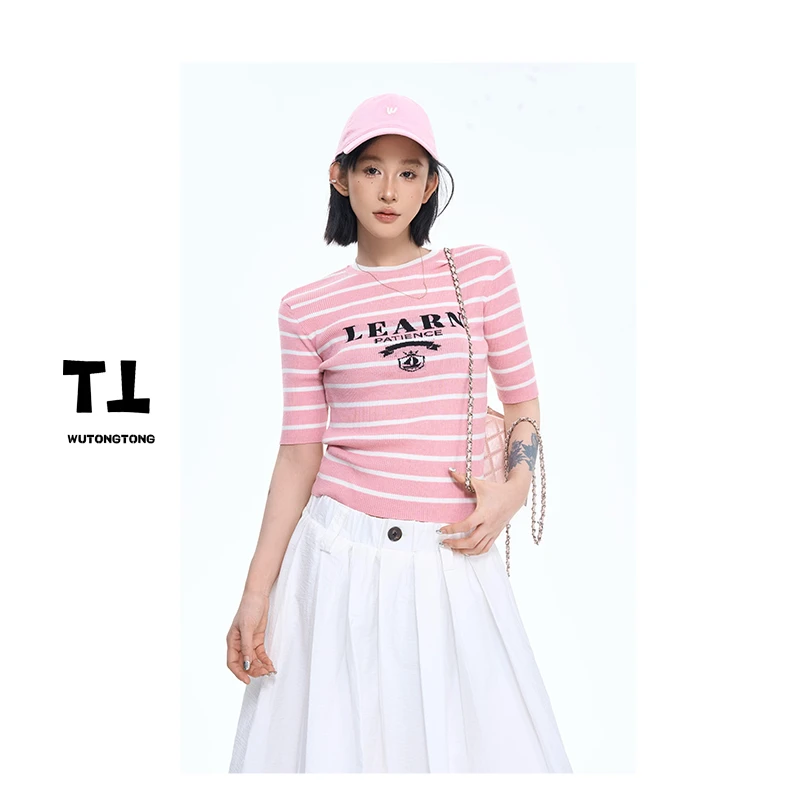 现货【美高新生】夏季时尚条纹印花短袖T恤女百搭休闲上衣62422