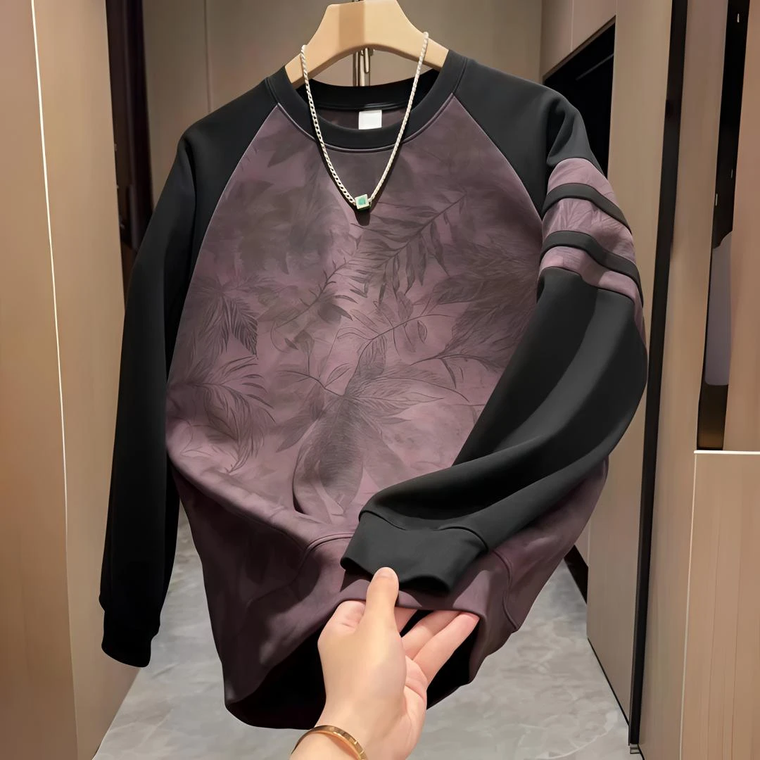 秋季新款拼接设计时尚圆领卫衣男士潮牌印花撞色百搭宽松休闲上衣