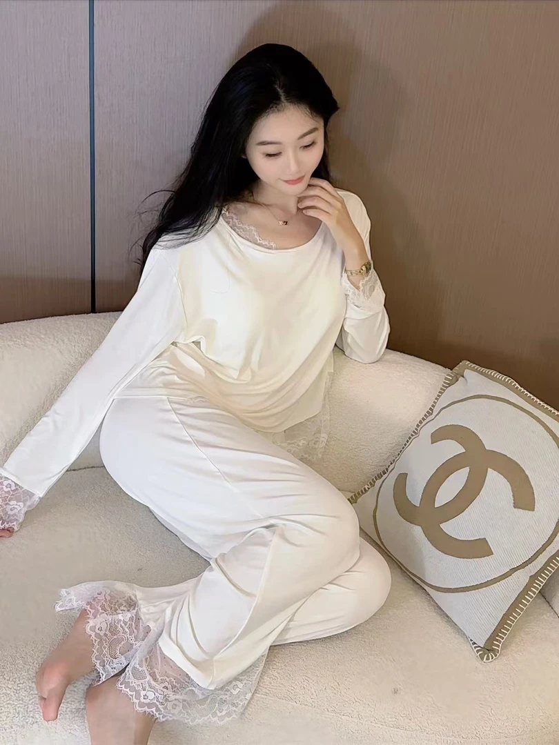 【白月光】秋季睡衣女代尔棉长袖纯欲蕾丝纯色家居服可外穿带胸垫