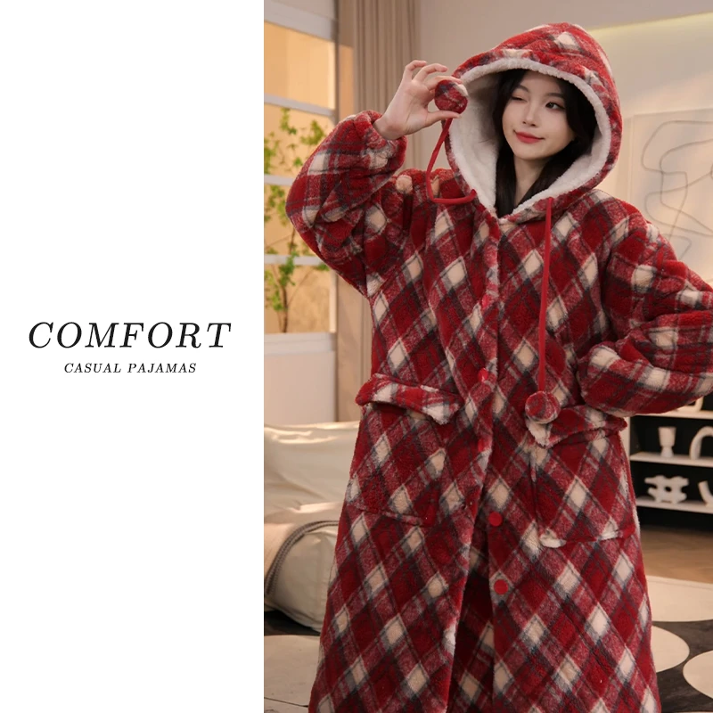 三层夹棉睡袍女秋冬季保暖加绒加厚法兰绒高档连帽睡衣家居服套装