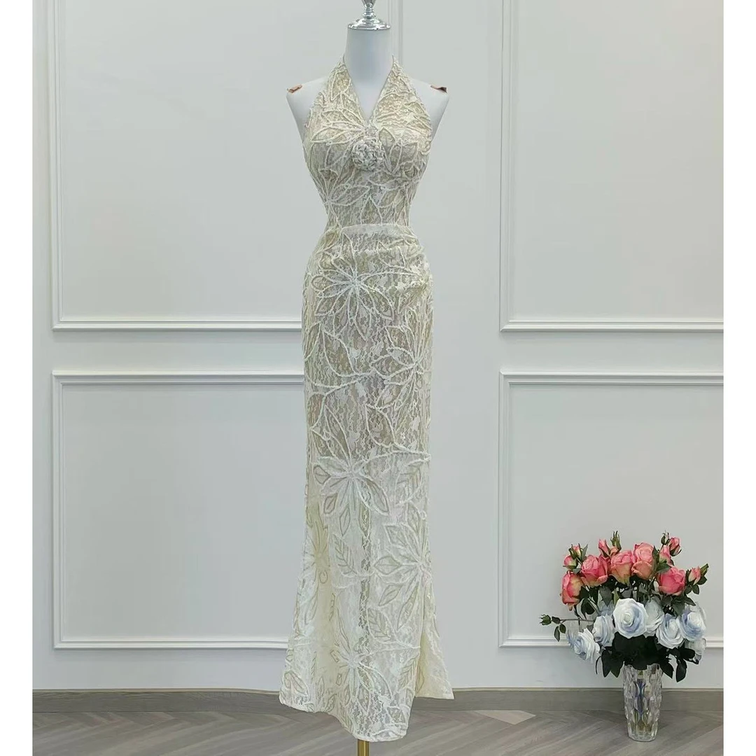 BECHARMING「沪上千金」轻奢时尚蕾丝挂脖飘带显瘦连衣裙Q0956