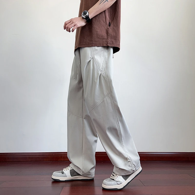 军绿色休闲裤拼接时尚设计感青少年直筒大码男士日系宽松工装裤子