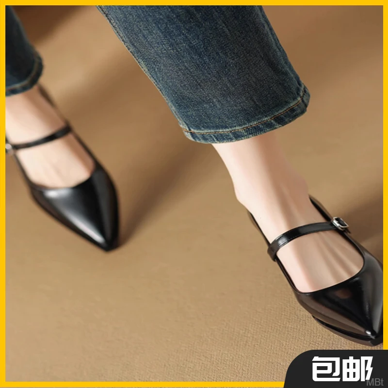 2025年春新款尖头玛丽珍鞋浅口粗跟黑色婚鞋气质名媛法式单鞋女鞋