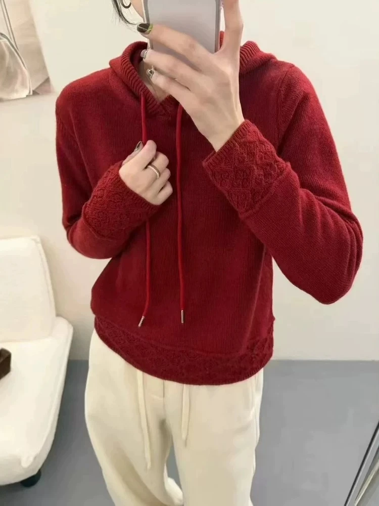 慕成家H钩花蕾丝纯色连帽衫红色ins毛衣加绒秋冬宽松针织女打底
