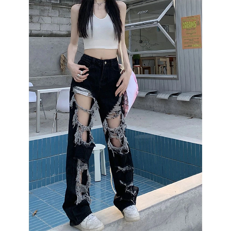 潮碧梵300斤大码女装破洞牛仔裤女胖mm高街宽松显瘦直筒阔腿裤