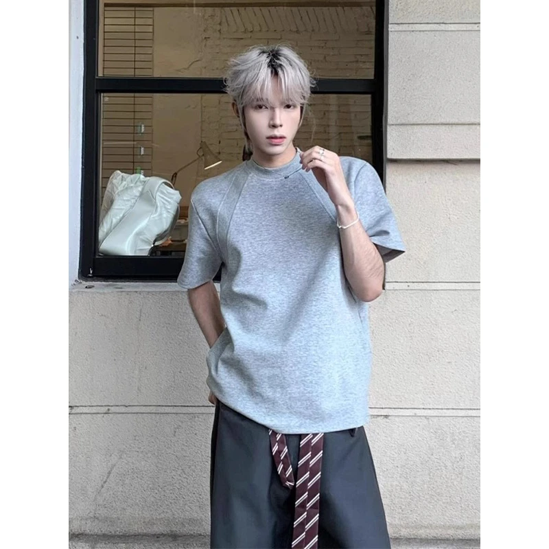 美式cleanfit短袖男款夏季重磅硬挺花灰色t恤boxy小领口正肩半袖
