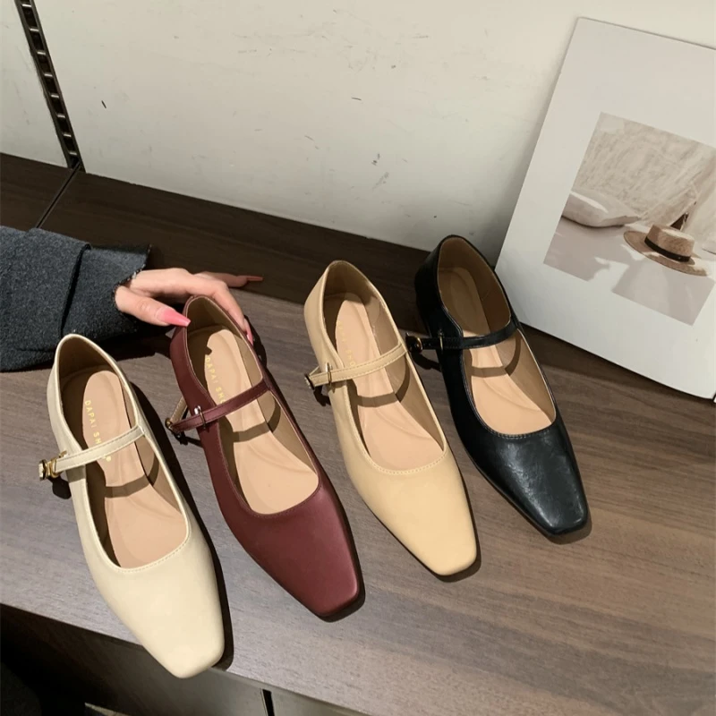 法式复古方头玛丽珍鞋女粗跟单鞋晚晚鞋