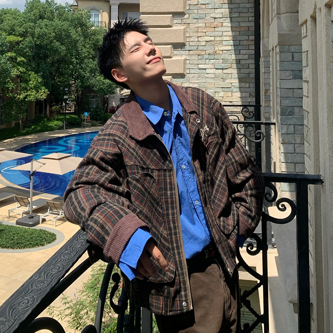 Holocene美式潮牌撞色格子拼接翻领夹克慵懒复古小众工装外套W226