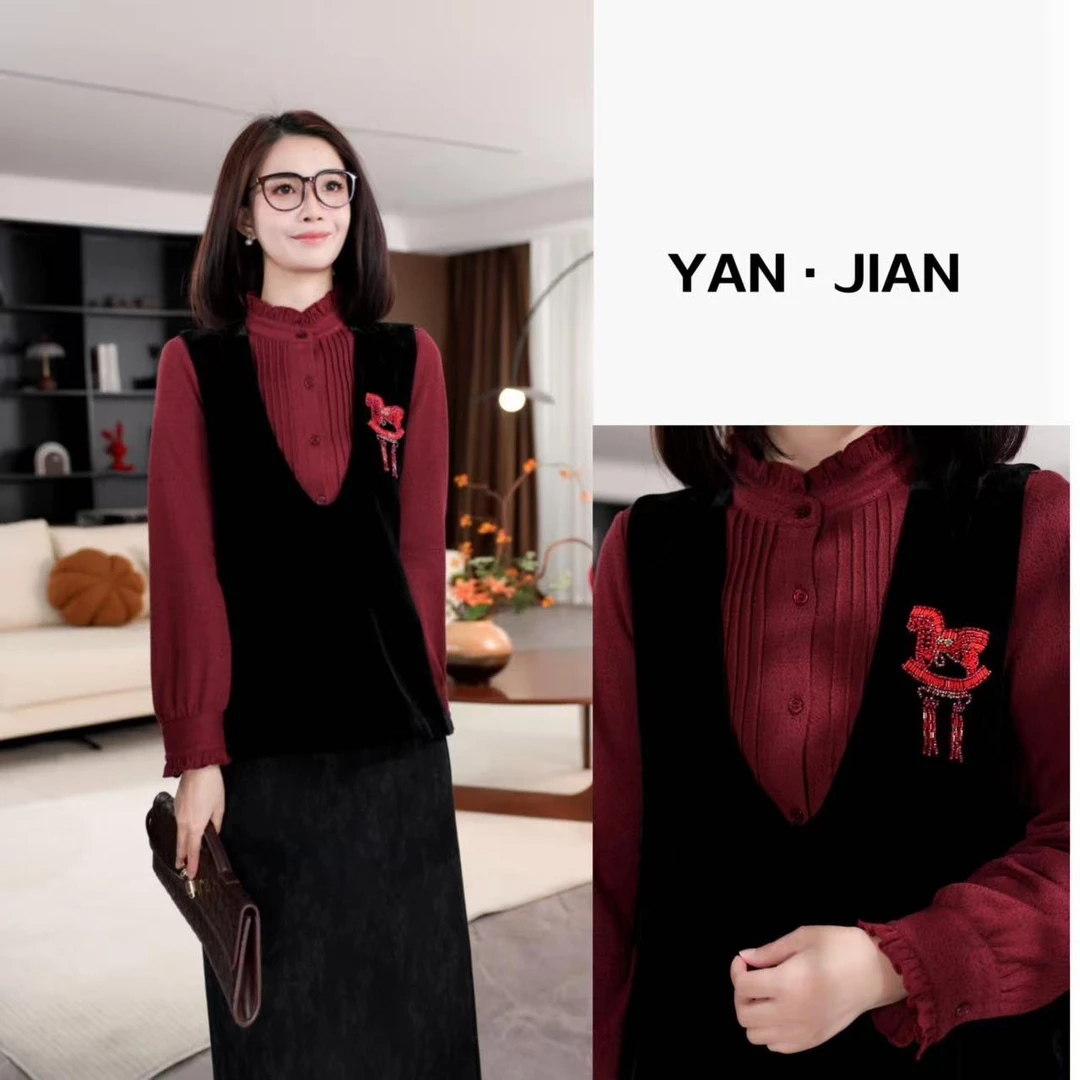 YAN JIAN【一马当先】100%真丝丝绒前短后长v领珠绣马甲