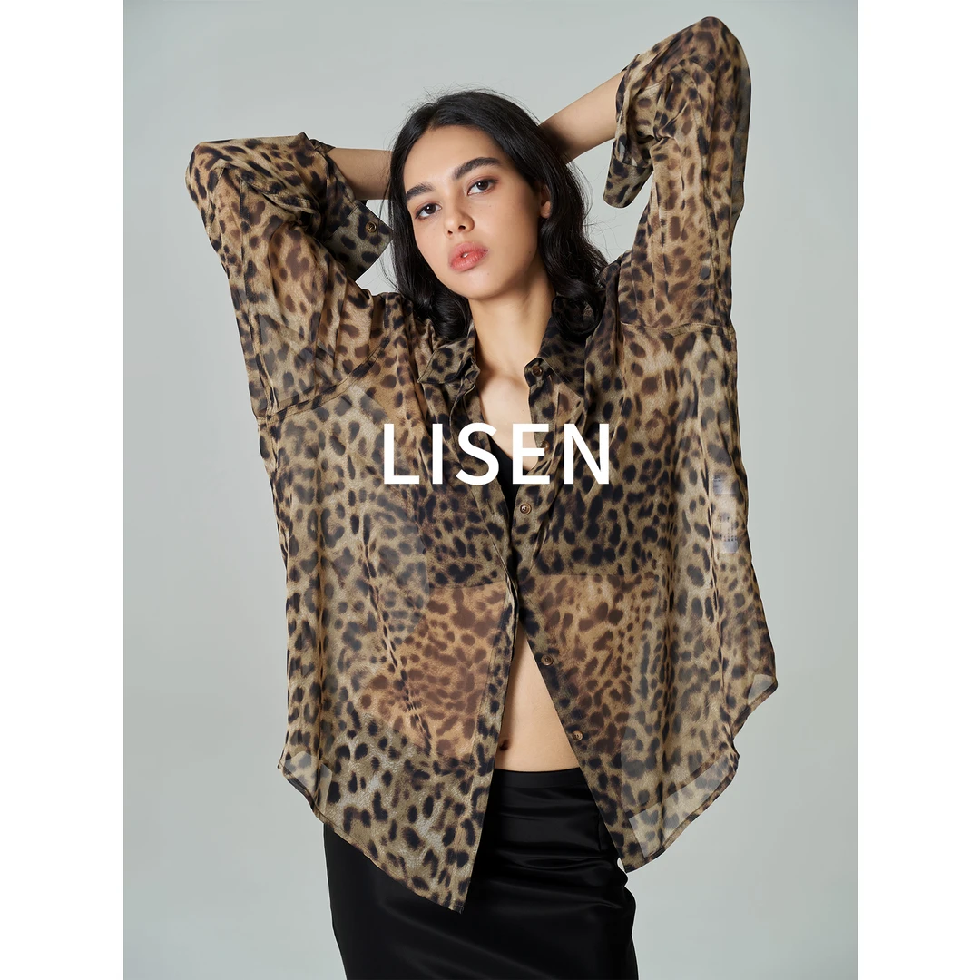 离森夏日轻奢进口面料强推轻薄经典豹纹印花长袖上衣衬衫微透女装