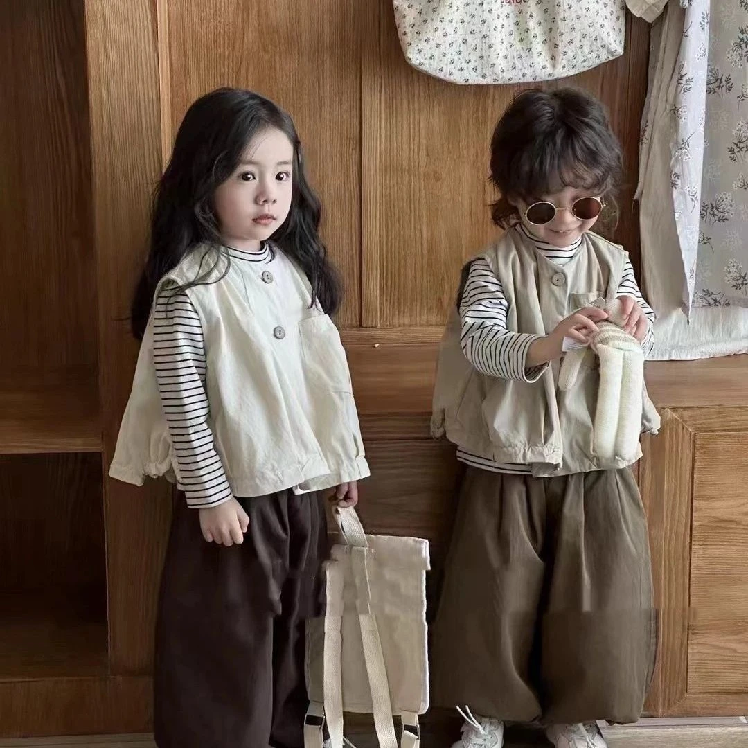 2025春季男女童纯色下摆抽绳马甲三件套幼儿园爆款打底灯笼裤潮童