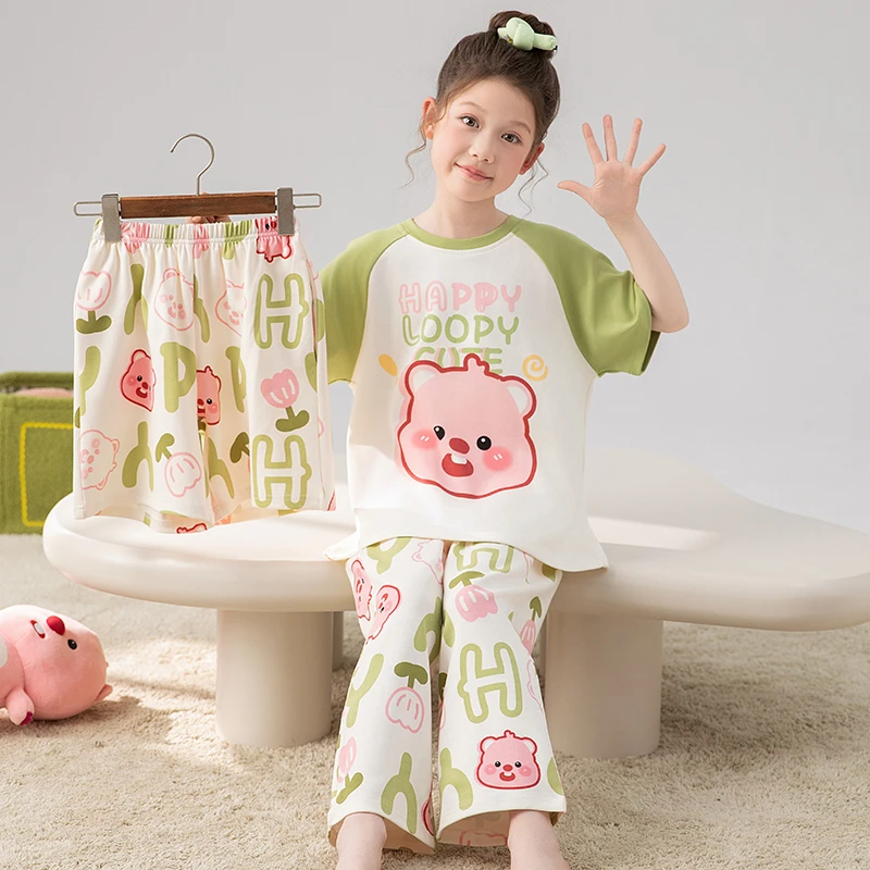 三件套女童睡衣夏季100%纯棉薄款短袖长裤大童儿童女孩套装家居服