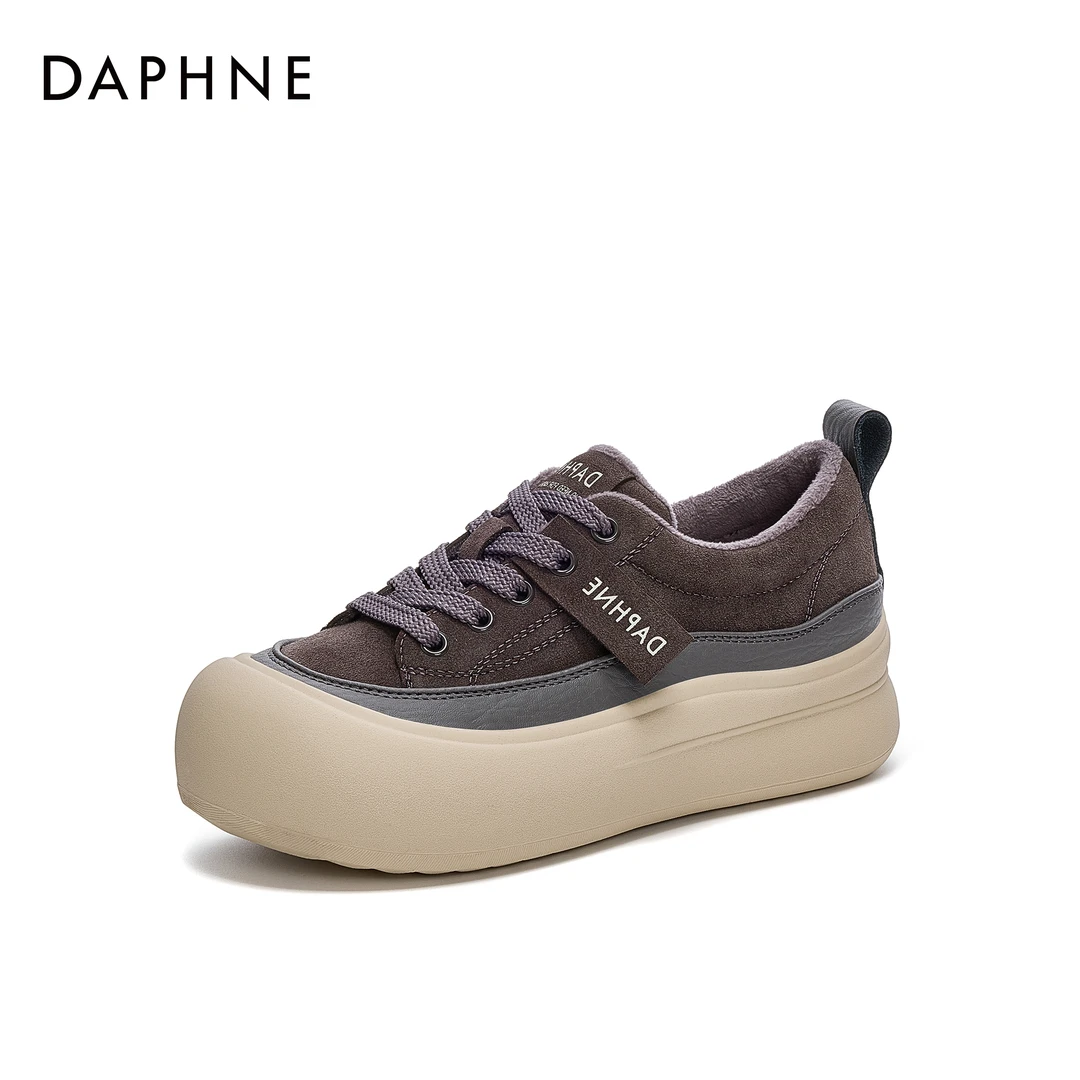 达芙妮加绒厚底舒适软底休闲鞋女冬新款复古系带松糕底百搭板鞋