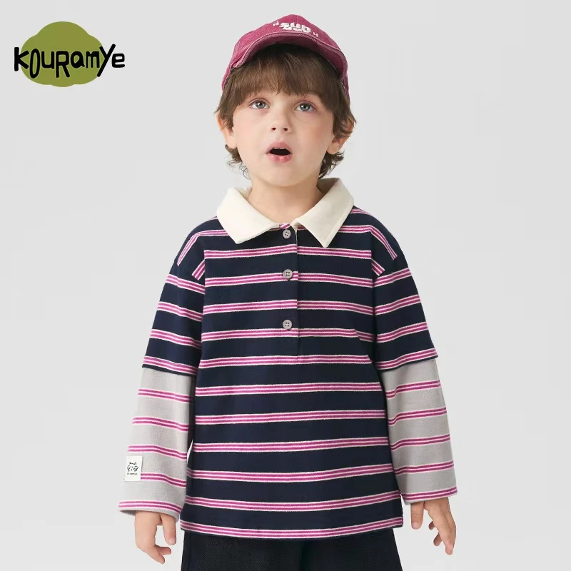 酷娃米2025年秋季亲子新款洋气条纹拼色假两件Polo上衣20903