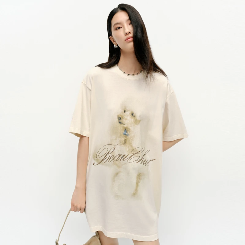 MOCO短袖棉T恤2025春新品斑驳萌宠印花抗菌防螨MBE1TEE018