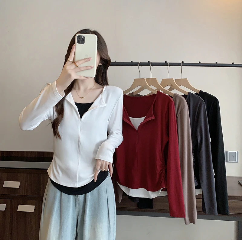 2024秋装新款胖mm大码女休闲撞色假两件半开领长袖T恤
