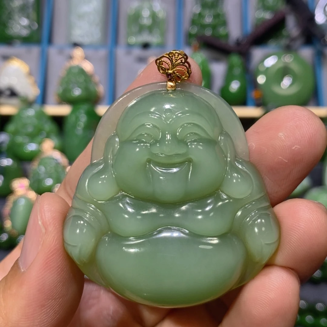 【闪购商品】和田玉吊坠(不含链)18K金镶嵌粉青猫眼佛公 46/48