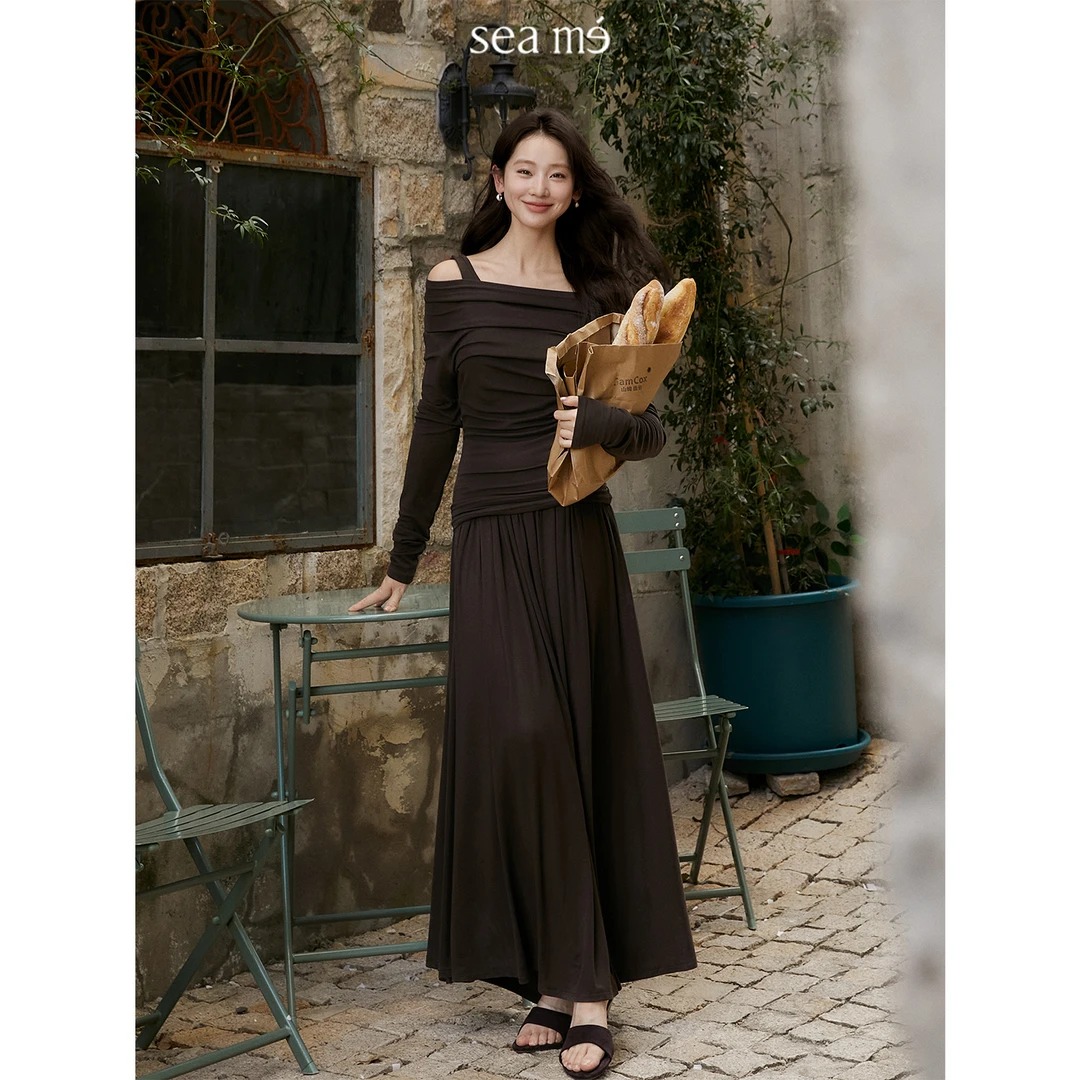 Seame汐觅【一口焦糖】天丝羊毛针织一字肩上衣半裙韩系休闲套装