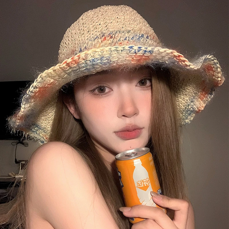 【猫仔kitten】韩系彩色大帽檐草帽女夏季遮阳显脸小海边度假帽子
