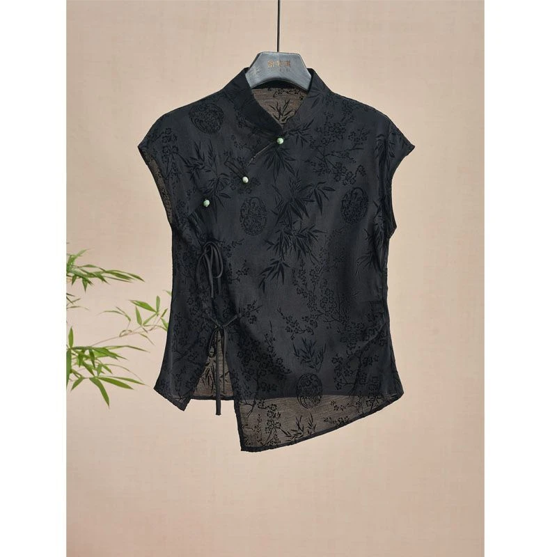 新中式国风旗袍上衣黑色提花正肩短袖t恤女2025新款复古小衫