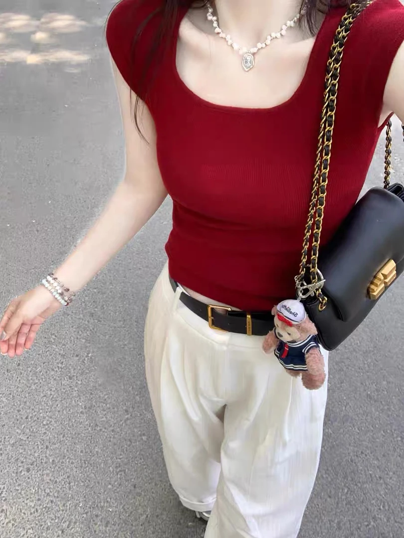 少女风针织短袖螺纹短款方领T恤修身型纯欲风辣妹风