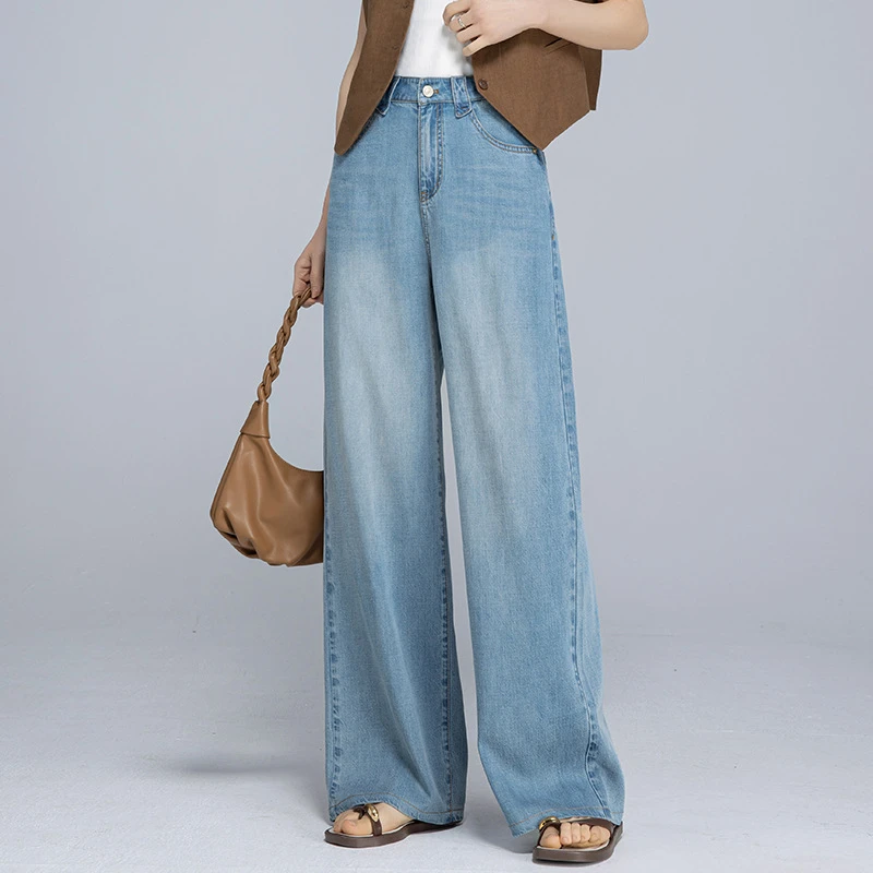 高品质天丝麻阔腿牛仔裤女薄柔软2025夏垂顺显瘦百搭直筒休闲裤