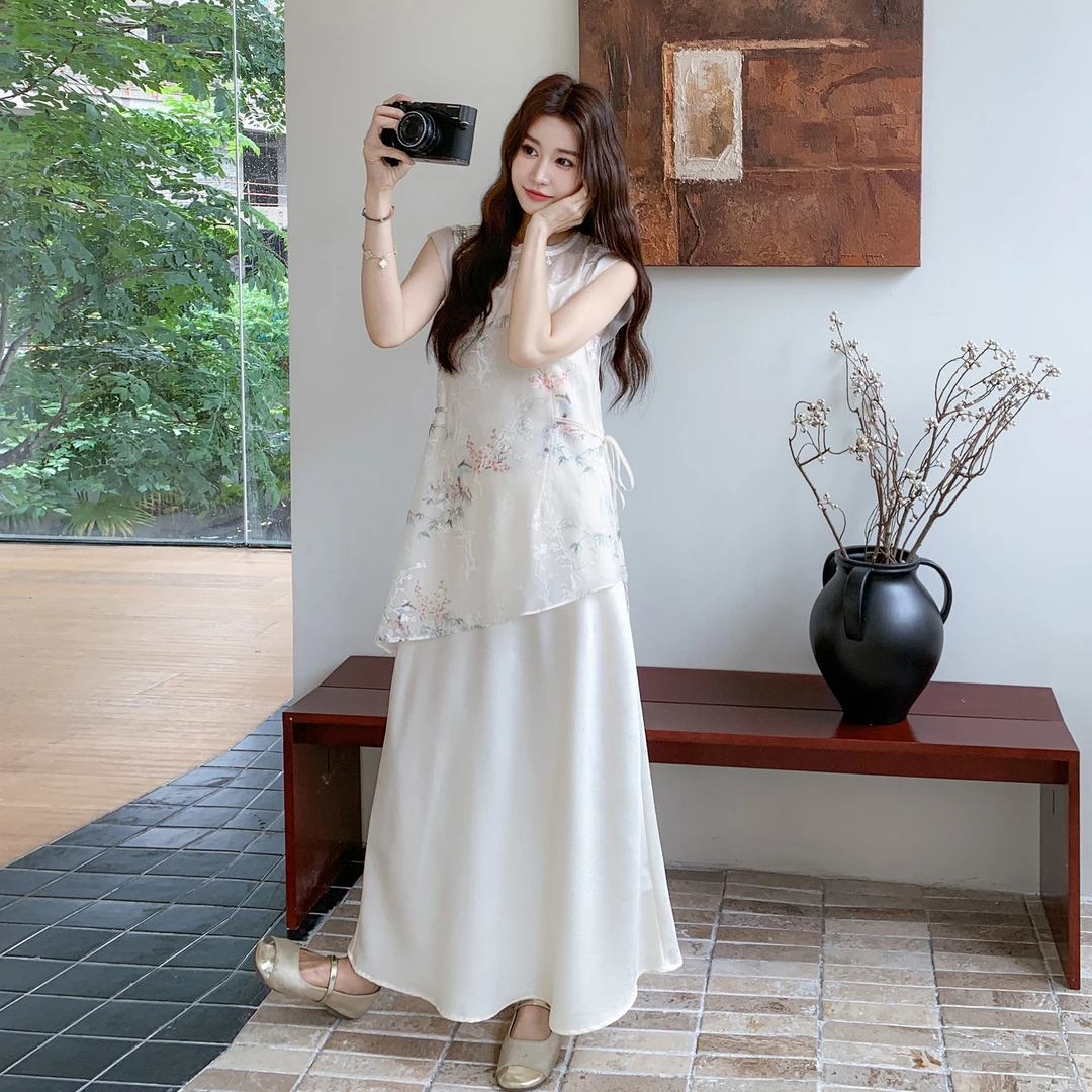 米白色新中式国风印花罩衫套装裙女2025夏季新款吊带连衣裙两件套