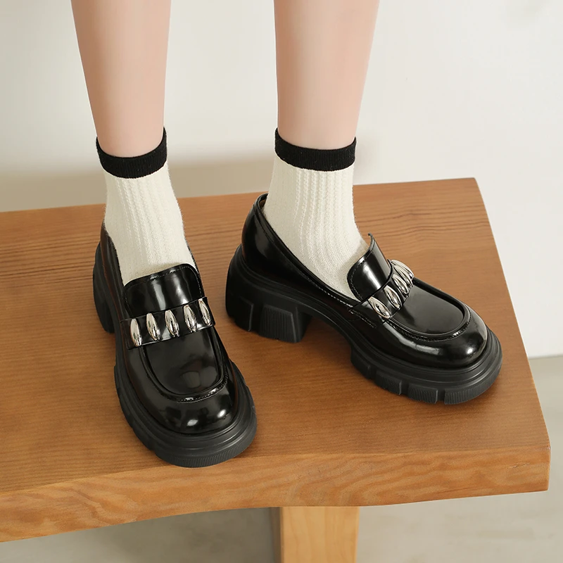 A63黑色2025新款乐福鞋增高玛丽珍鞋日系高跟圆头学院风真皮女鞋