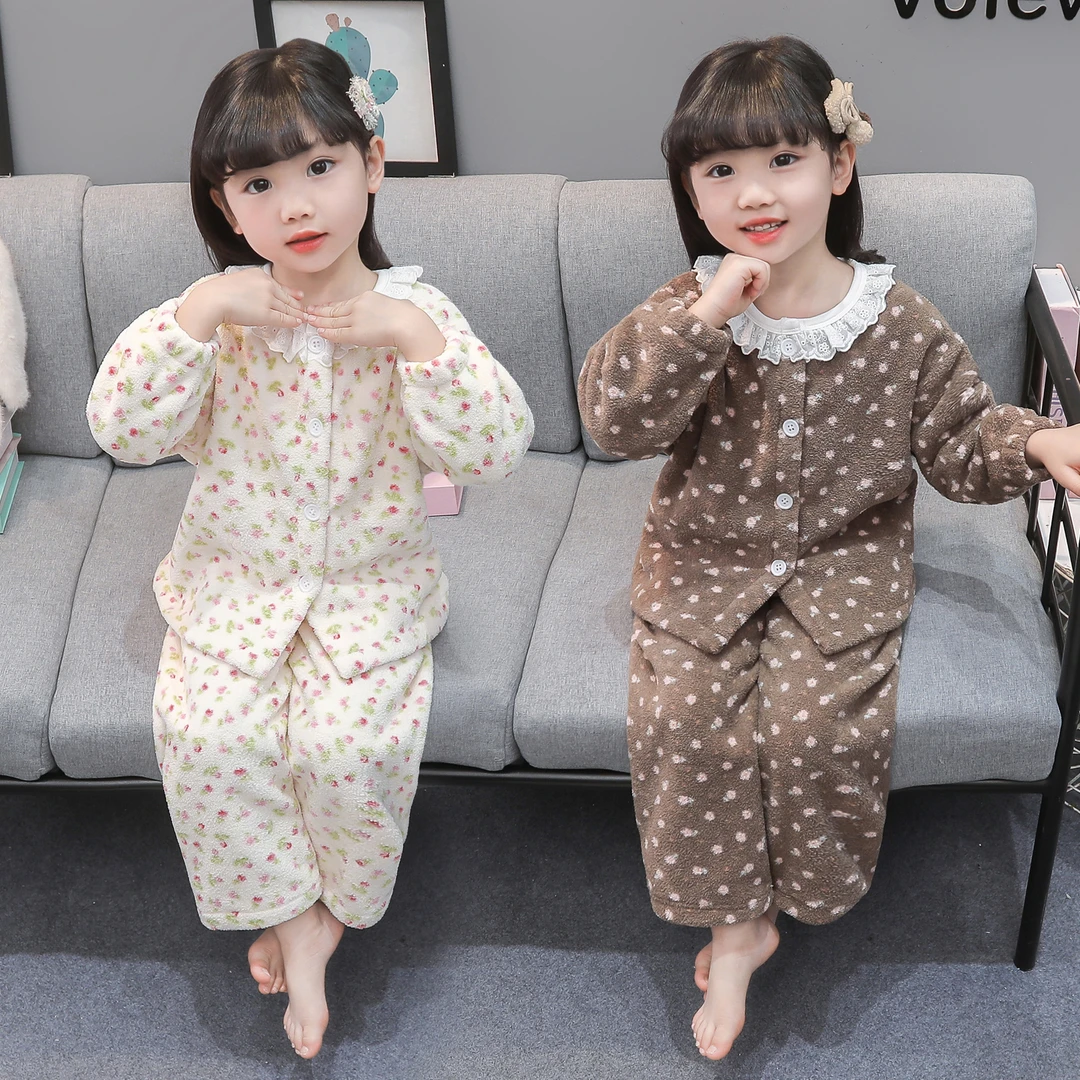儿童睡衣秋冬季法兰绒女童睡衣珊瑚绒加厚女宝家居服碎花开衫套装