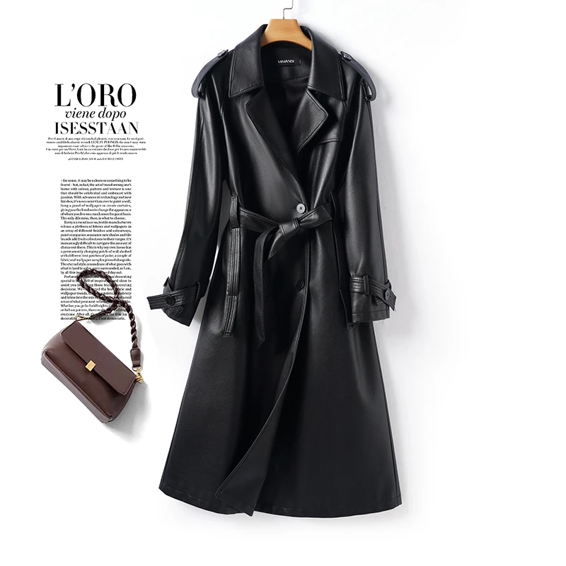海宁真皮皮衣女双排扣2025春秋冬新款气质优雅系带中长款风衣外套