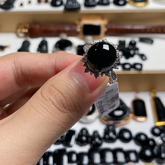 银S925镶嵌戒指翡翠缅甸天然a货墨翠