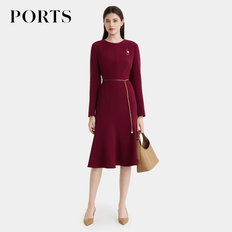 PORTS宝姿女装秋季新款时尚优雅收腰拼接系带装饰鱼尾连衣裙