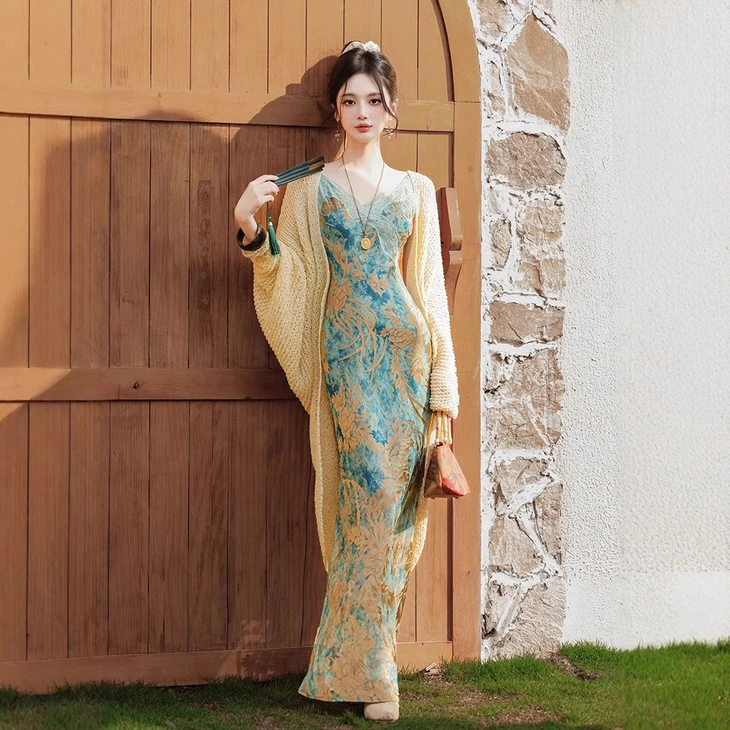 新中式印花拼接蕾丝连衣裙镂空开衫套装中国风收腰显瘦礼服长裙子