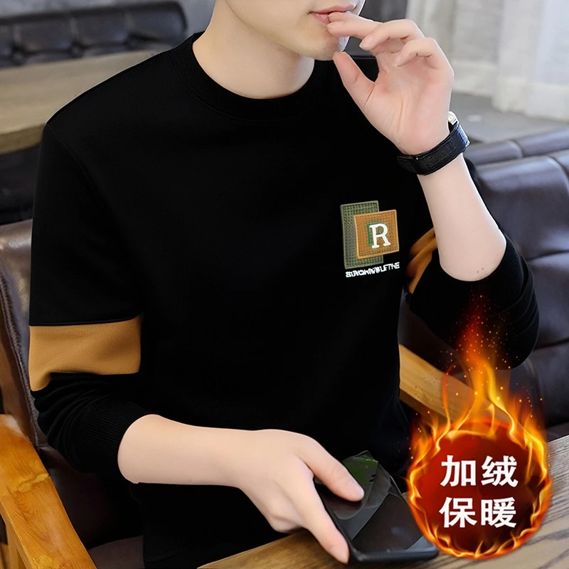一体绒卫衣男秋冬季加厚加绒2025新款保暖衣服圆领潮流长袖t恤男