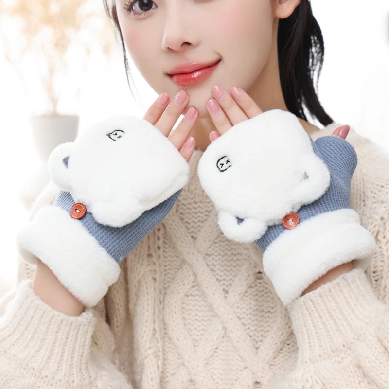 手套女冬天加绒学生写字可爱韩板半指防寒卡通加厚毛绒露指头翻盖