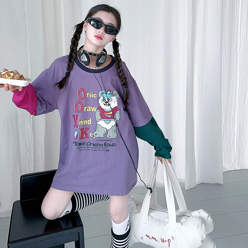 女童春夏新款爆款休闲拼接卡通卫衣裙6-12岁15中大童小女孩卫衣裙