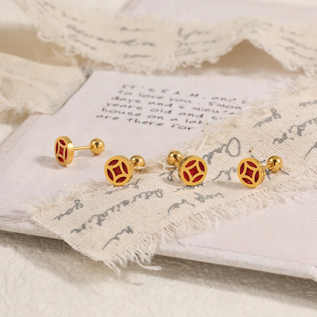 钛钢树脂耳饰 新中式国潮风简约铜钱耳钉耳骨钉时尚个性高级感