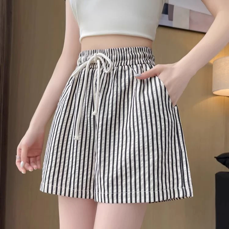 条纹冰丝阔腿裤短裤子女夏季薄款显瘦大码休闲直筒热裤速干运动裤