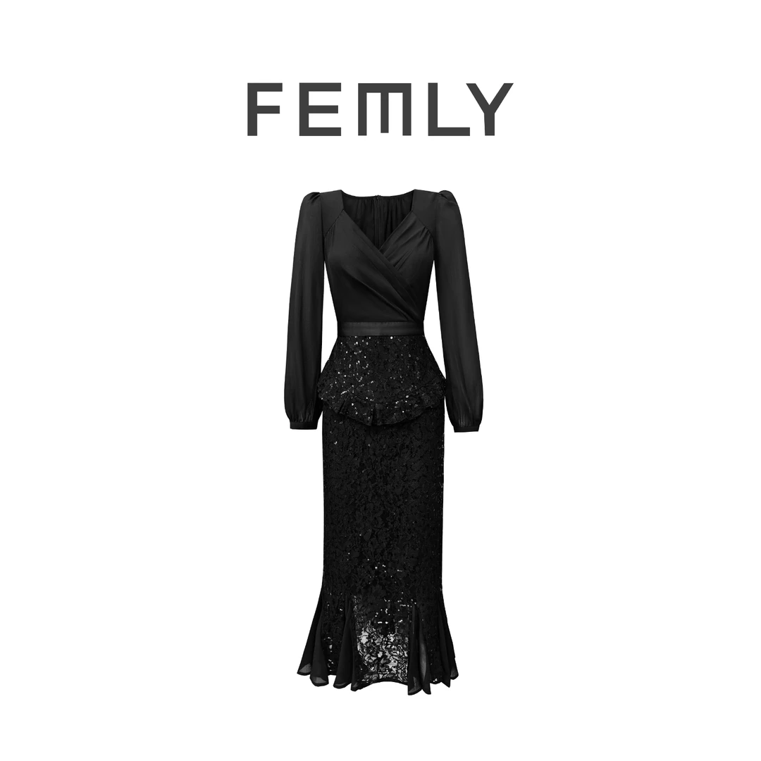 FEMLY/法曼丽 早秋新款赫本简约方领蕾丝鱼尾裙3269