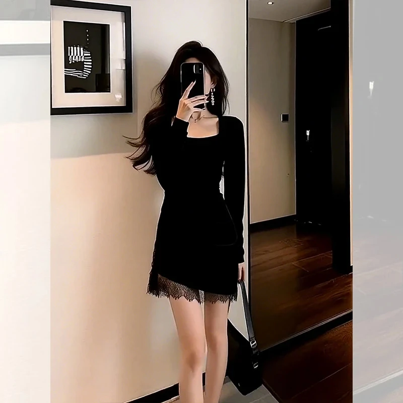 MARIE.COCO黑色蕾丝拼接针织连衣裙秋冬新款气质高贵内搭包臀短裙