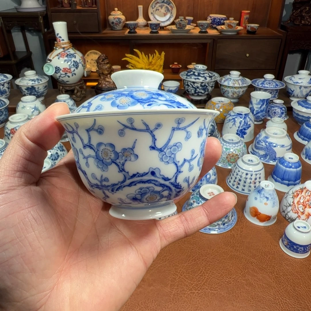 青花搓银梅花盖碗