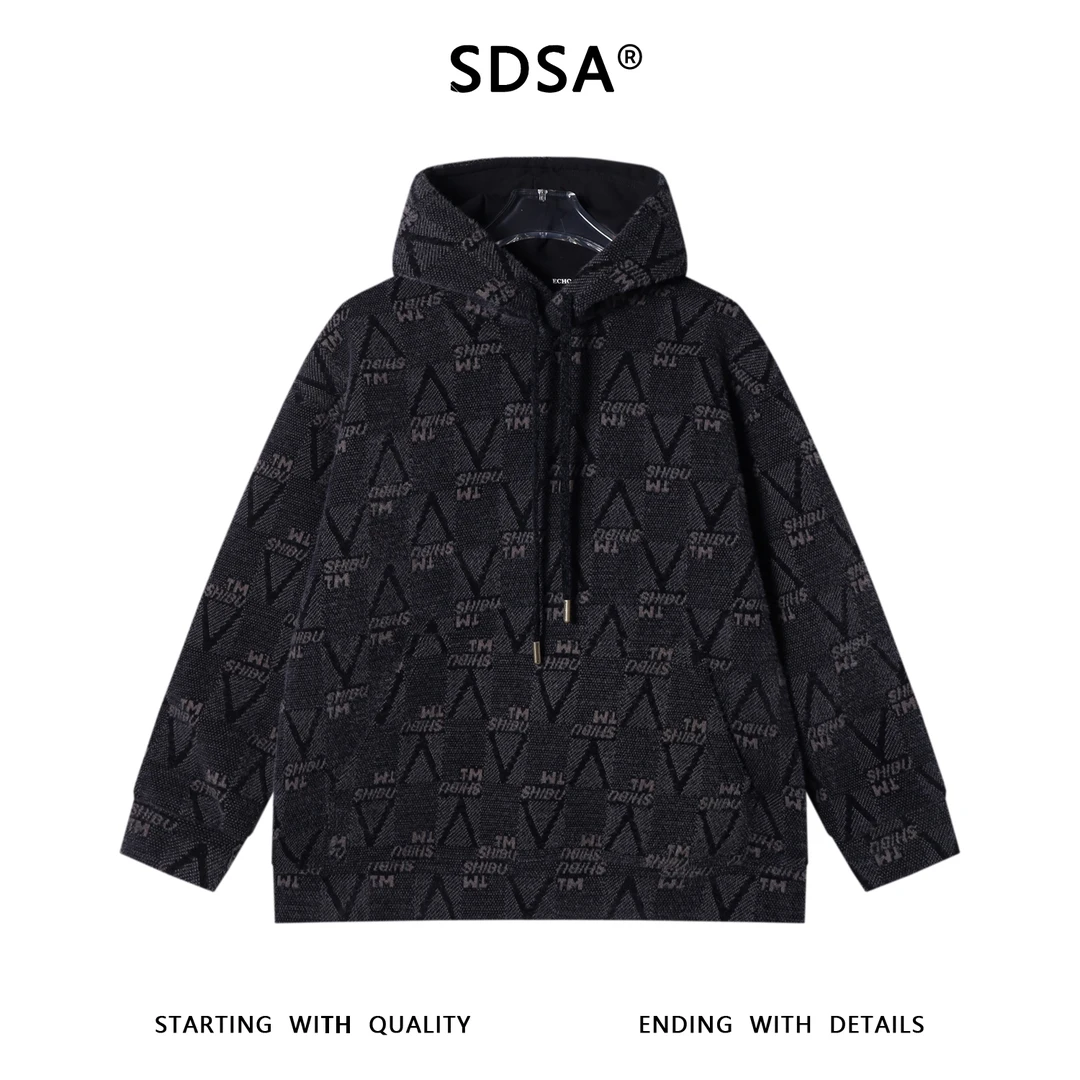 SDSA男士秋冬新款痞帅男装潮牌绒毛撞色字母抽绳连帽卫衣百搭时尚