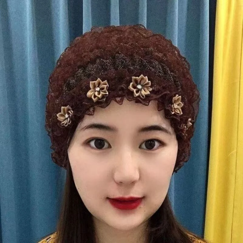 春夏四季款蕾丝小花朵款防尘包头帽遮阳老人帽美人帽遮白发妈妈帽