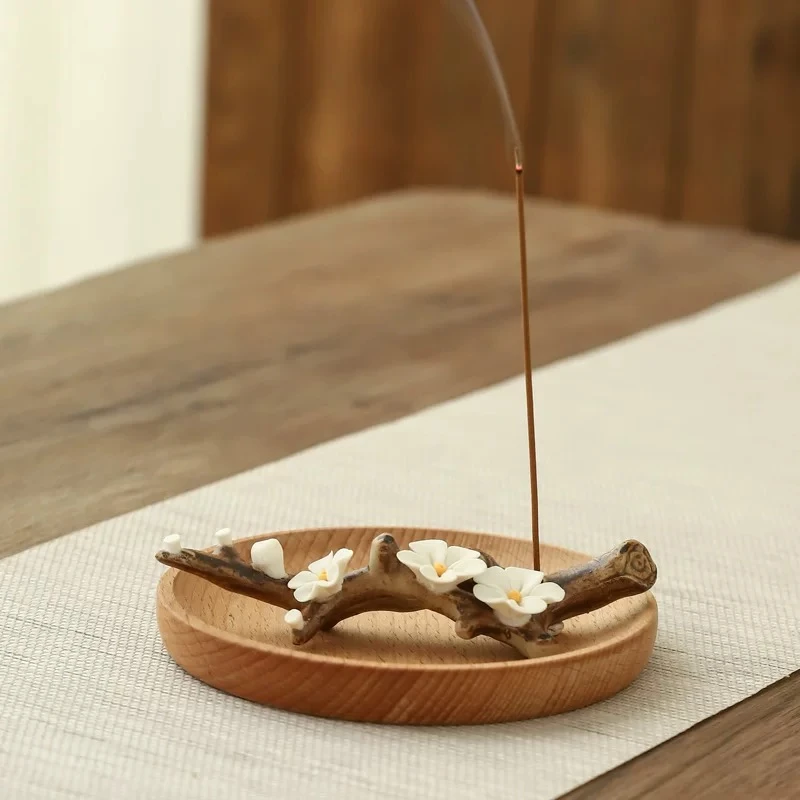 陶瓷梅花线香香插手工捏花香座禅意香炉家居摆件檀香沉香白粉红