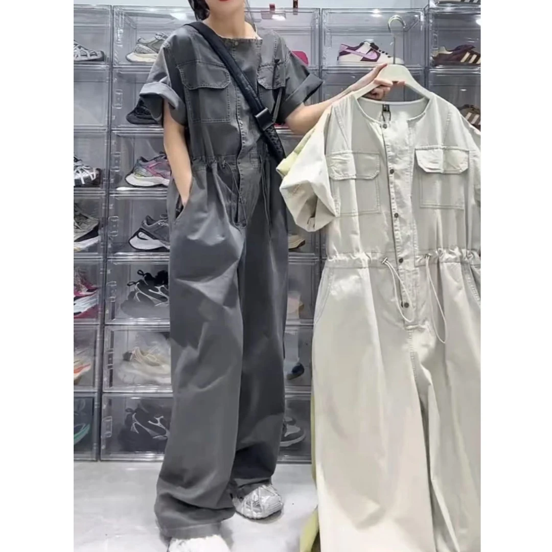 2025春夏季新款透气工装连体裤减龄宽松显瘦抽绳收腰阔腿裤女