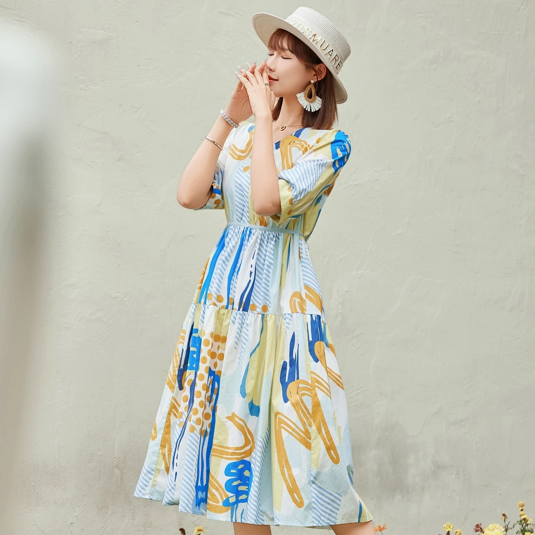 jiuqiandu/玖钎度复古花色V领短袖收腰长裙配腰带夏季新款连衣裙