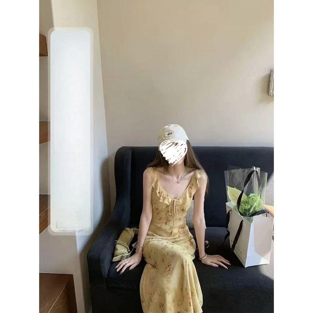 度假风长裙黄色裙子V领连衣裙女夏季新款修身显瘦长裙