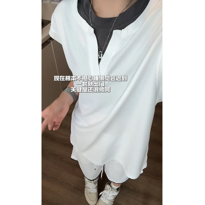 夏季穿搭肌理假两件休闲运动短裤透气背心套装男士大码情侣套装潮