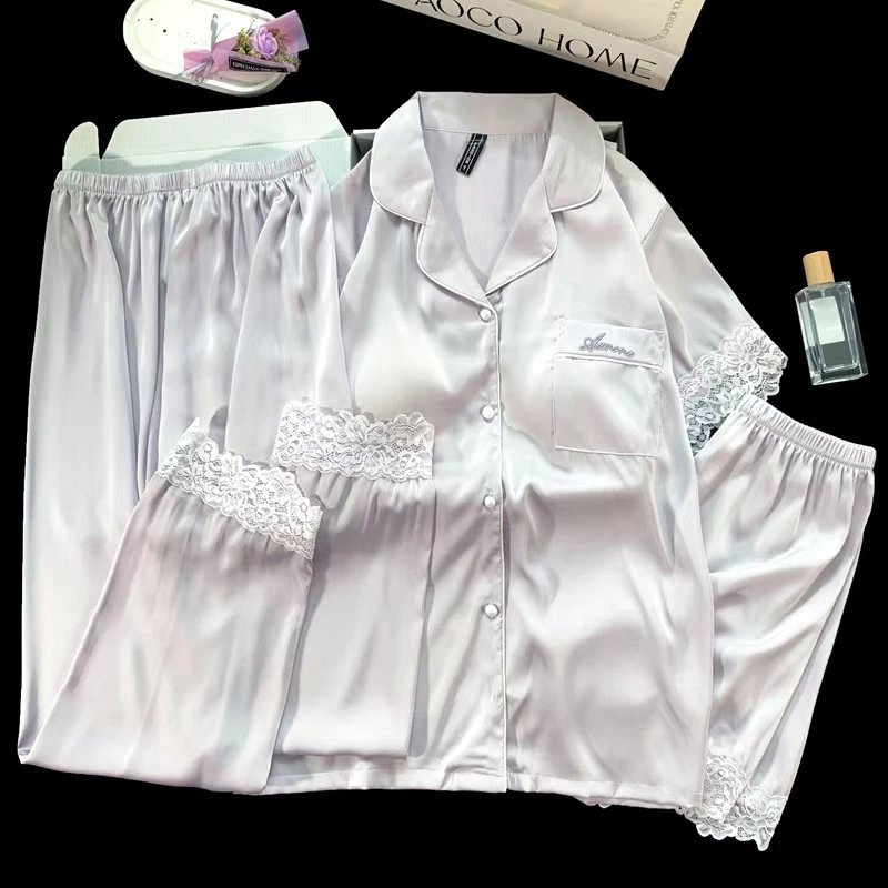 【冰雪丝/短袖三件套】带胸垫睡衣女春夏季薄款2025年新款家居服