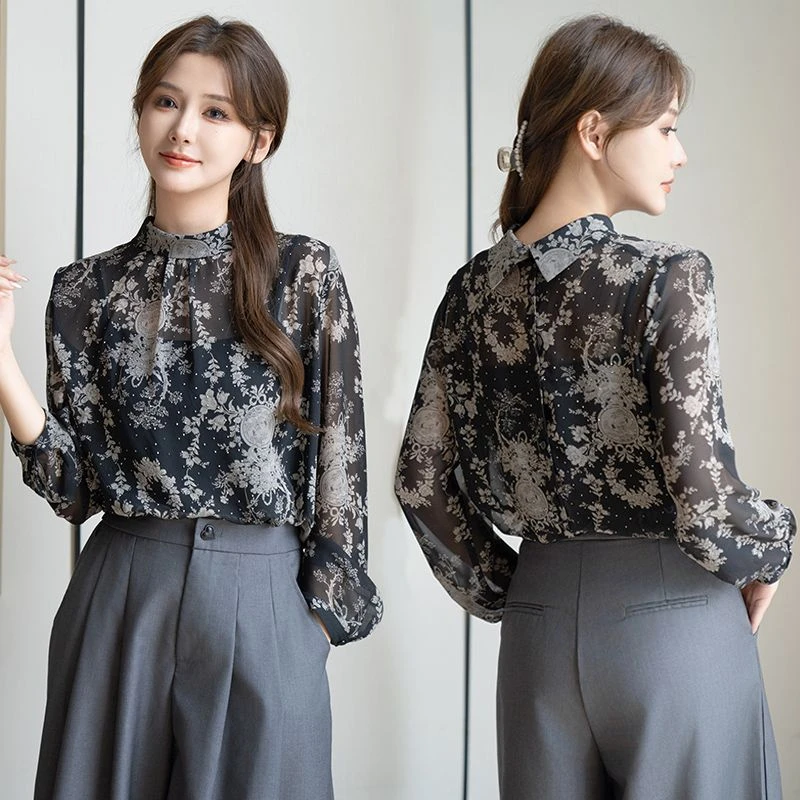 雪纺衫长袖2024新款女早秋夏妈妈洋气上衣时尚贵夫人品牌碎花衬衫